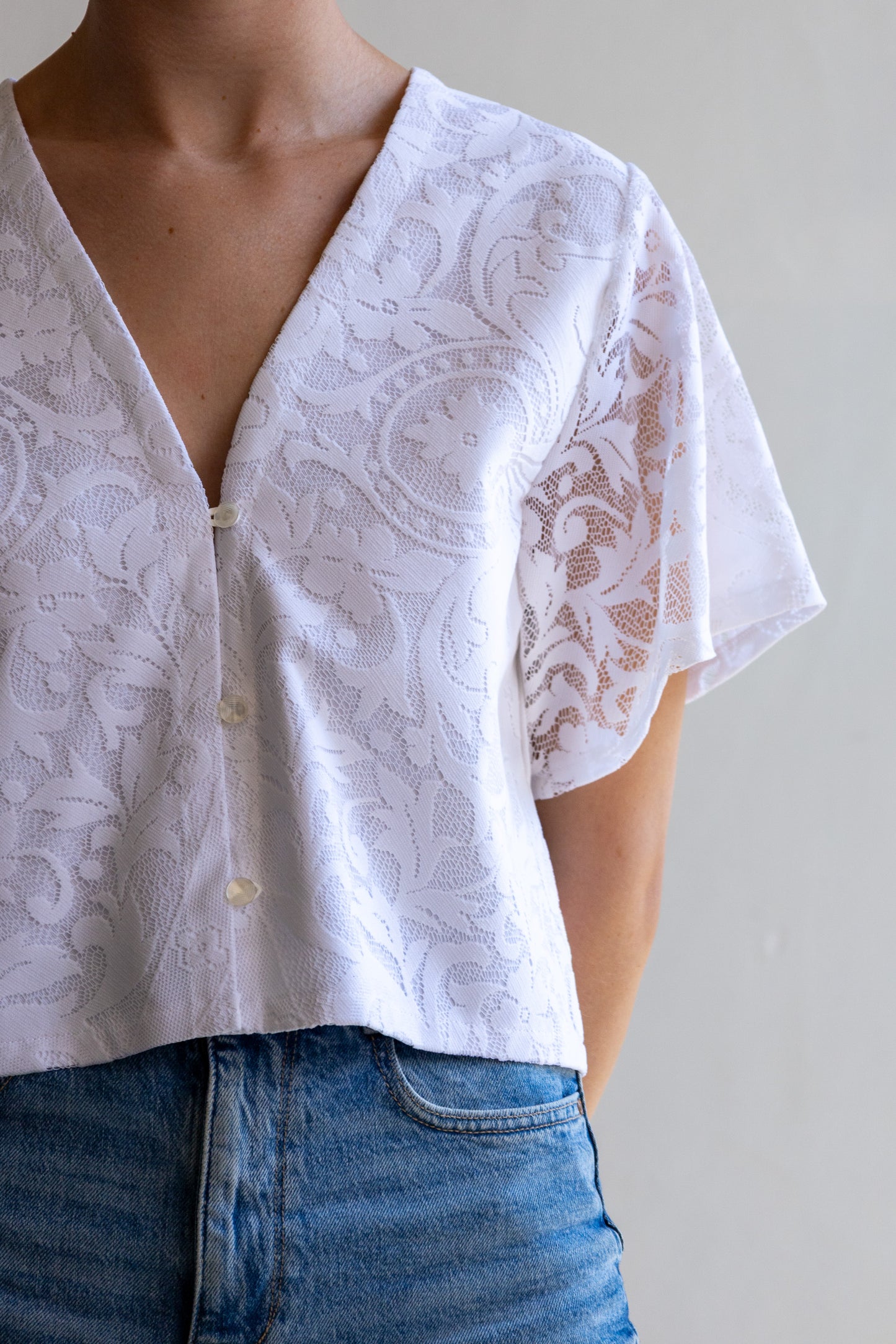 top van vintage tafelkleed - wit kant - S/M