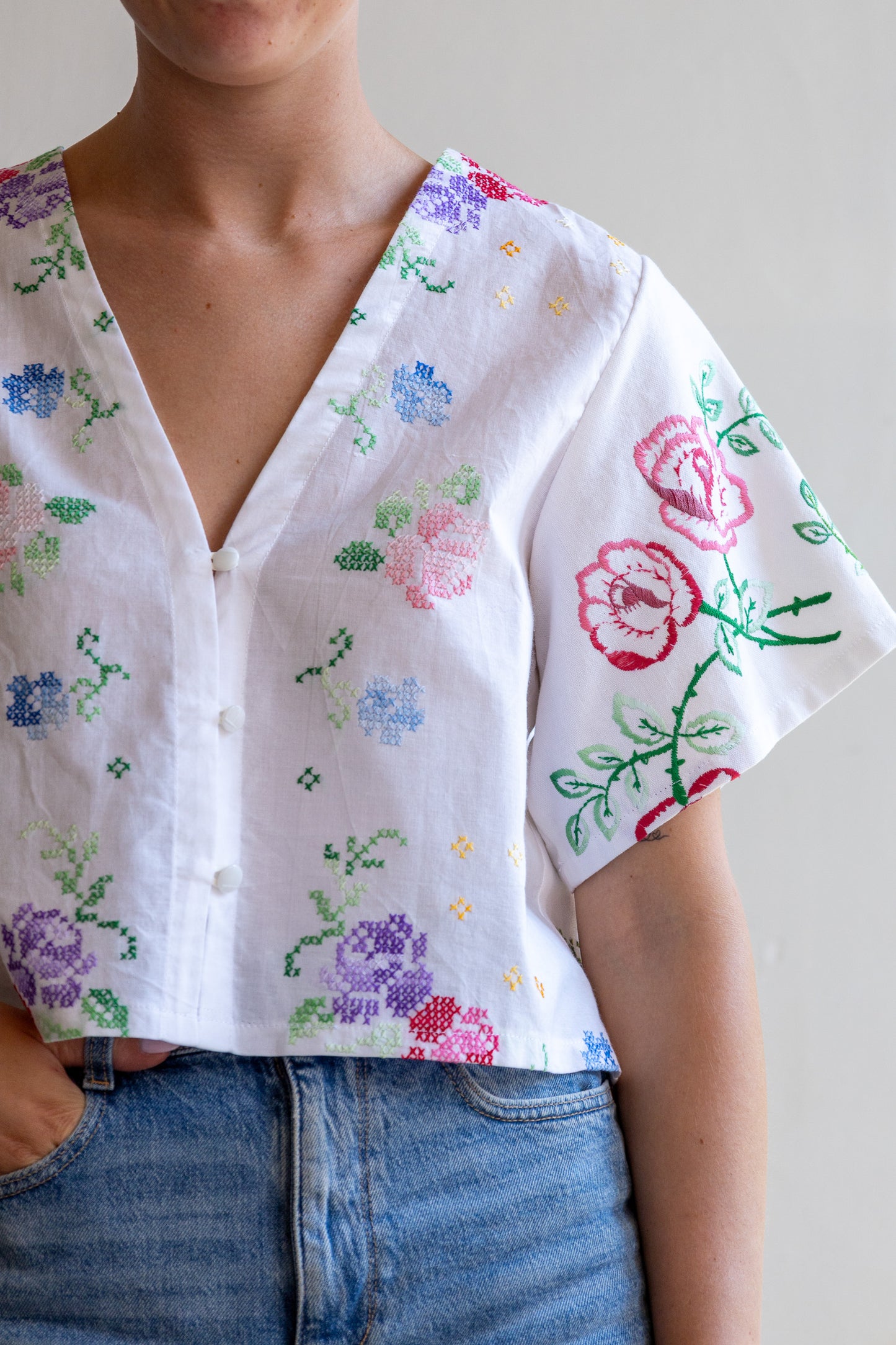 top van vintage tafelkleed - bloemen - M/L