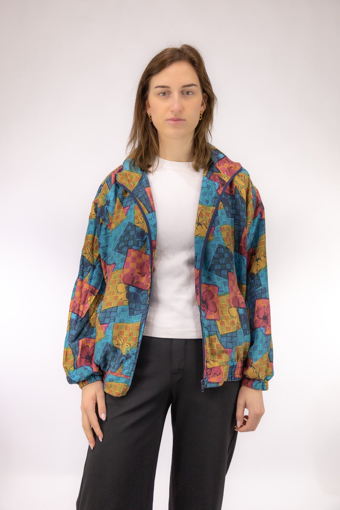 vintage zijden bomberjack voorkant all over dessin rits