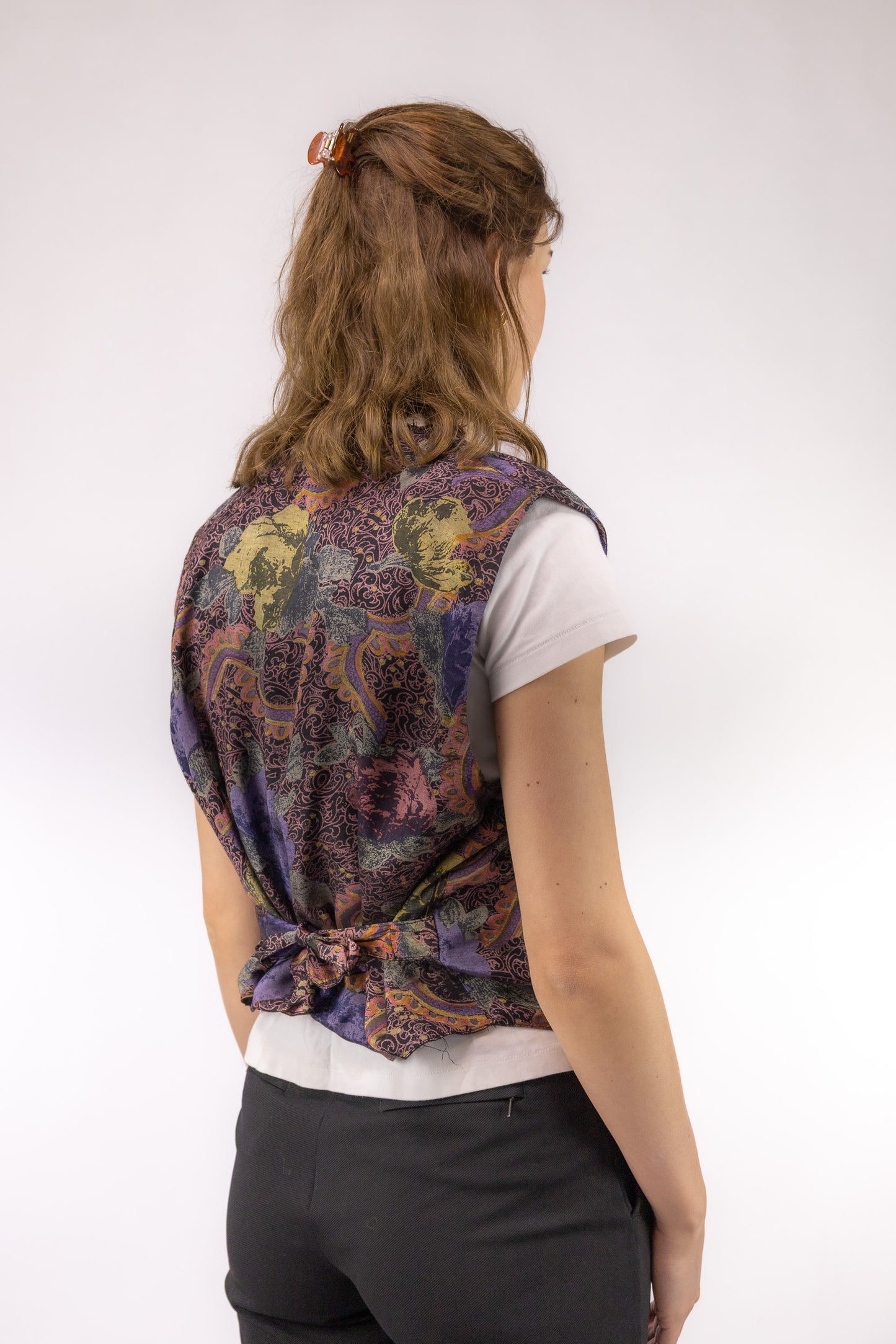 vintage gilet achterkant strik taille verstelbaar print stof