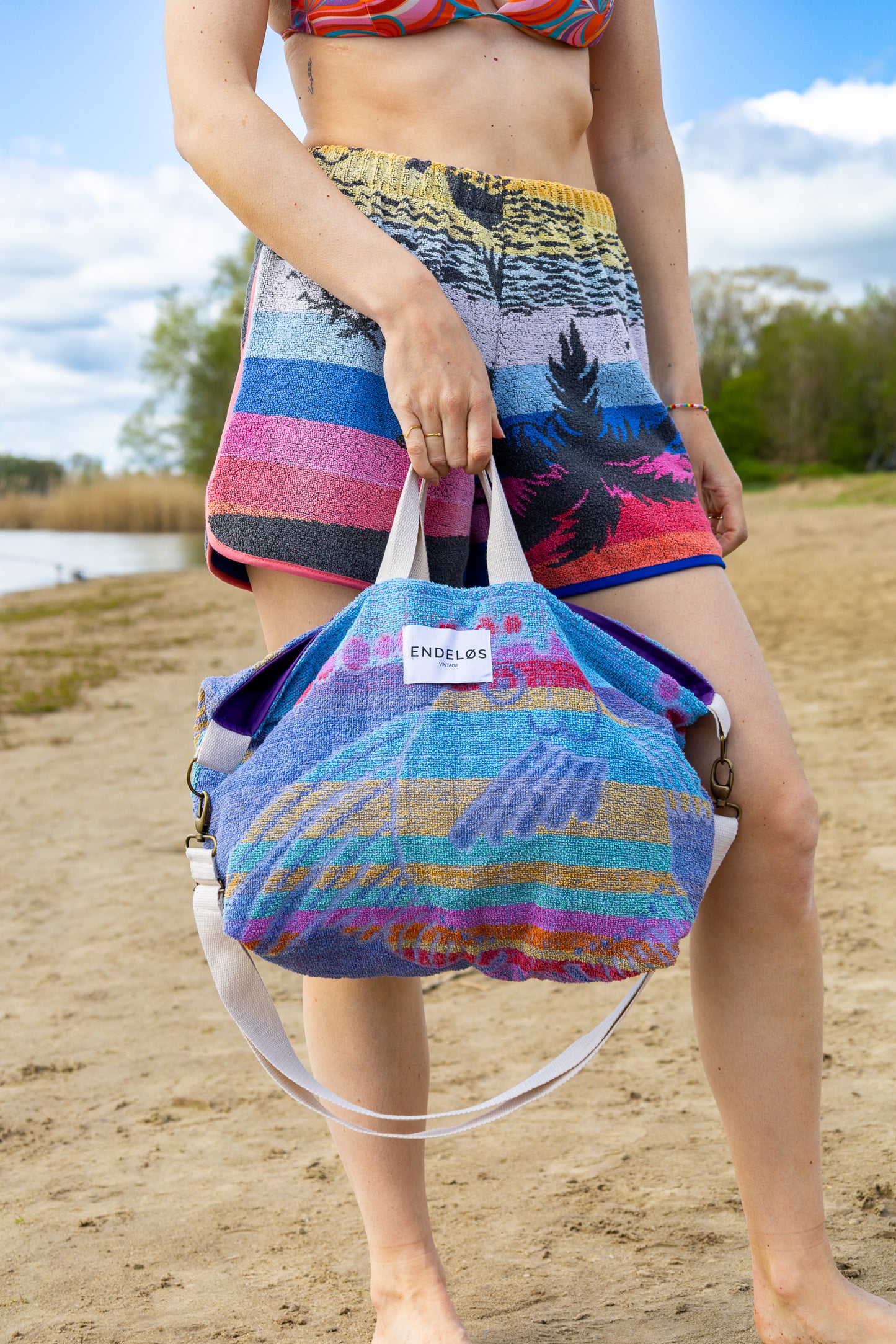 shopper tas van vintage handdoek - regenboog - M