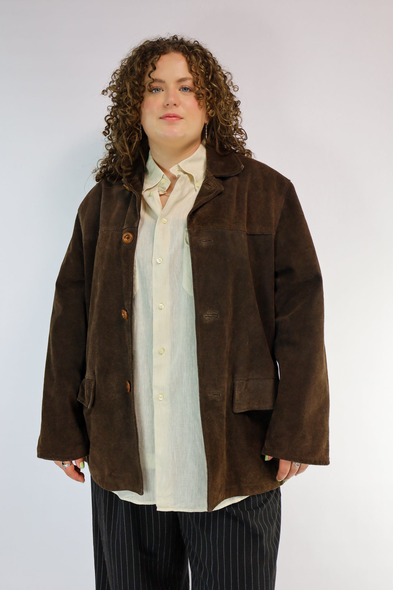 Vintage bruin suède jacket met knoopsluiting en oversized pasvorm