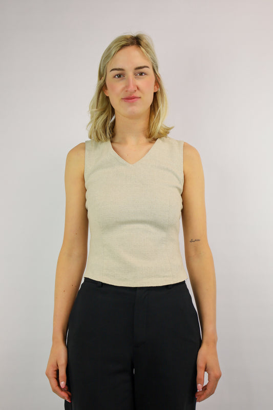 Beige vintage top van linnenmix met V-hals en getailleerde pasvorm