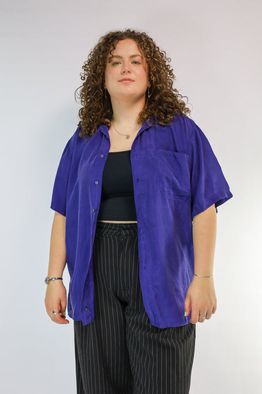 Vintage zijden blouse in diepe paarse kleur,