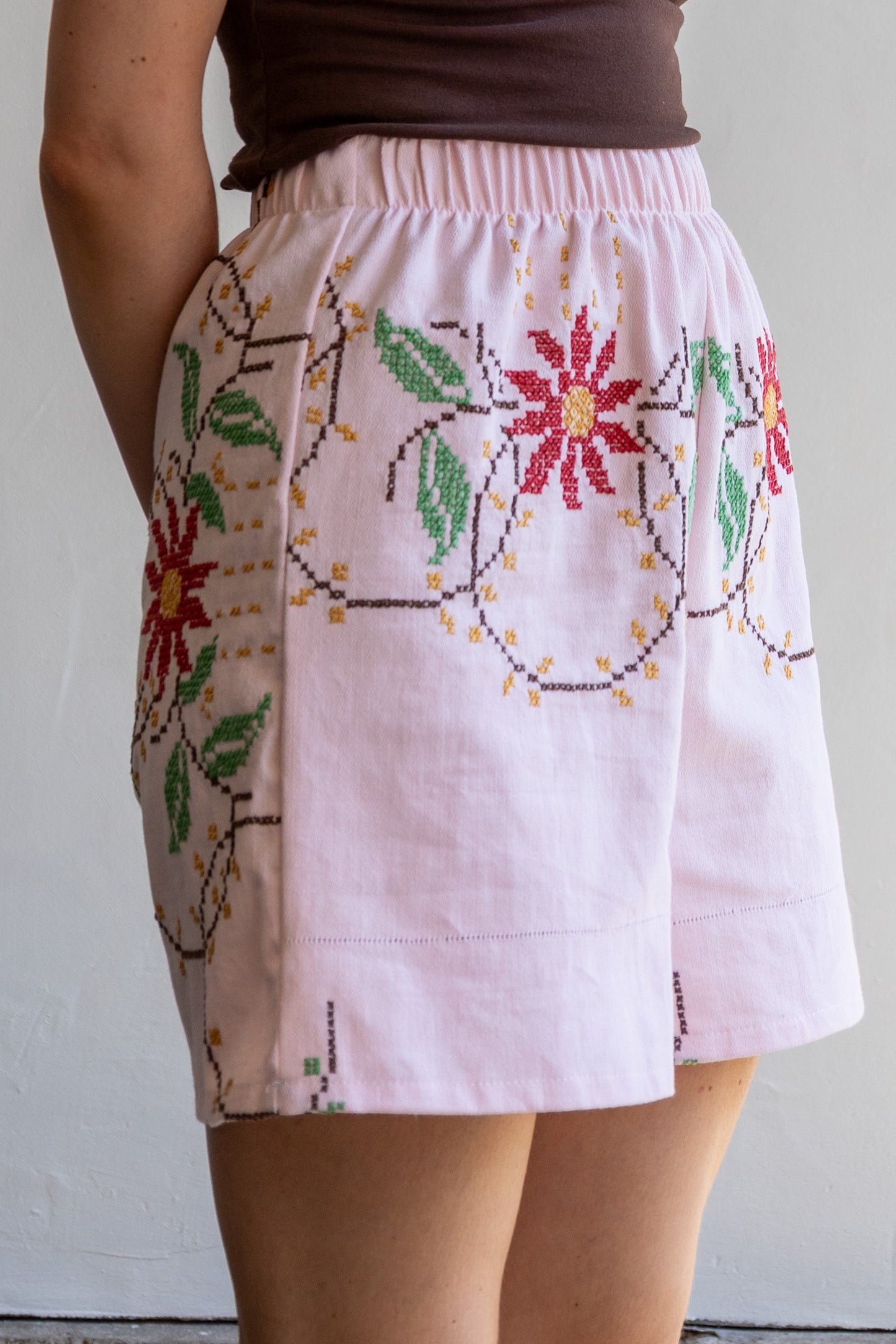 short van vintage tafelkleed - zuurstok roze - XS/S