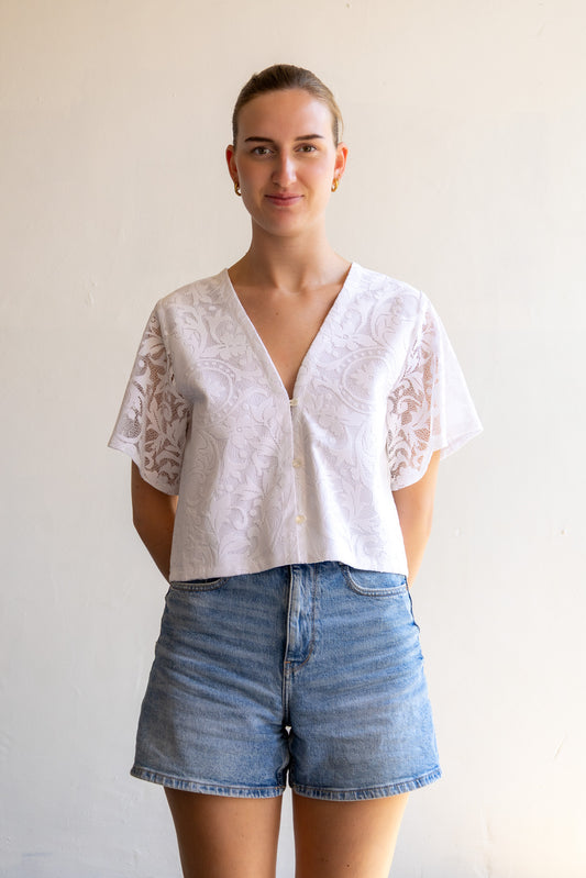 top van vintage tafelkleed - wit kant - S/M