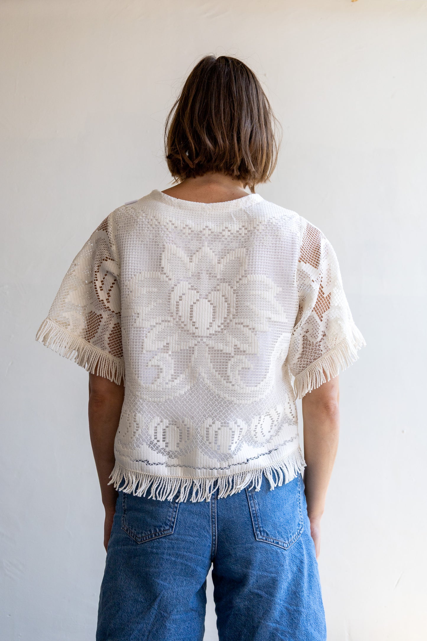 top van vintage tafelkleed - franjes - M/L
