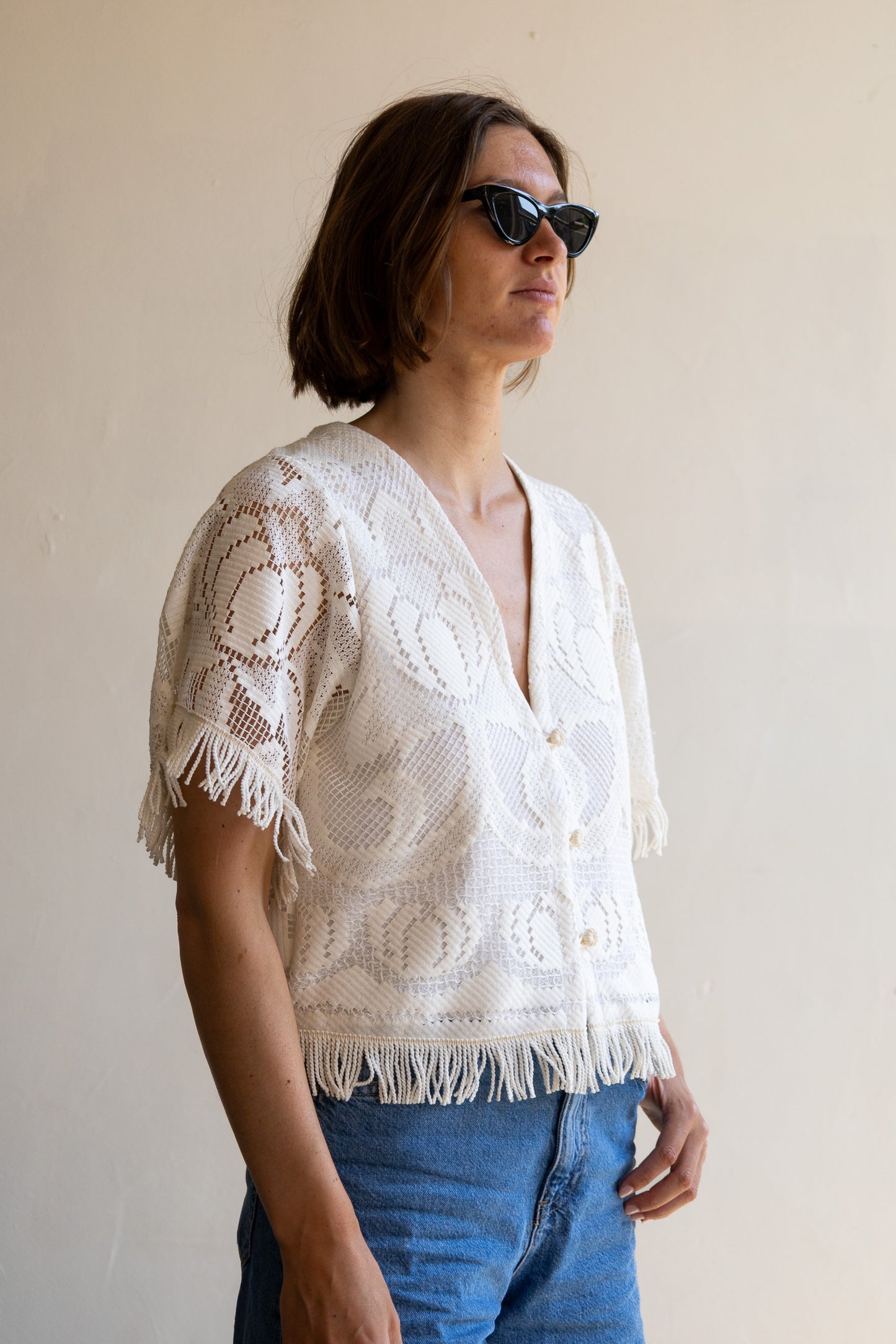 top van vintage tafelkleed - franjes - M/L
