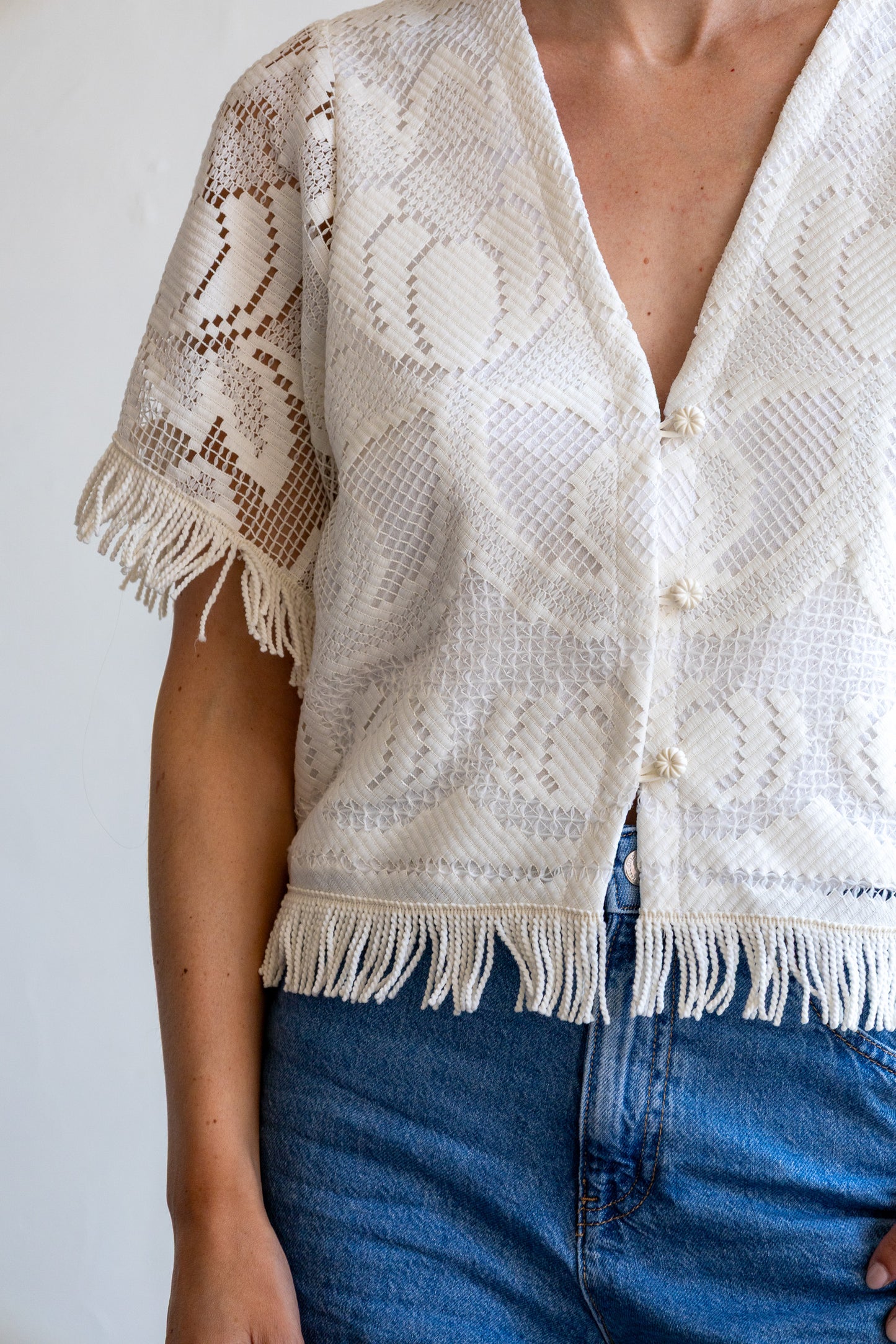 top van vintage tafelkleed - franjes - M/L