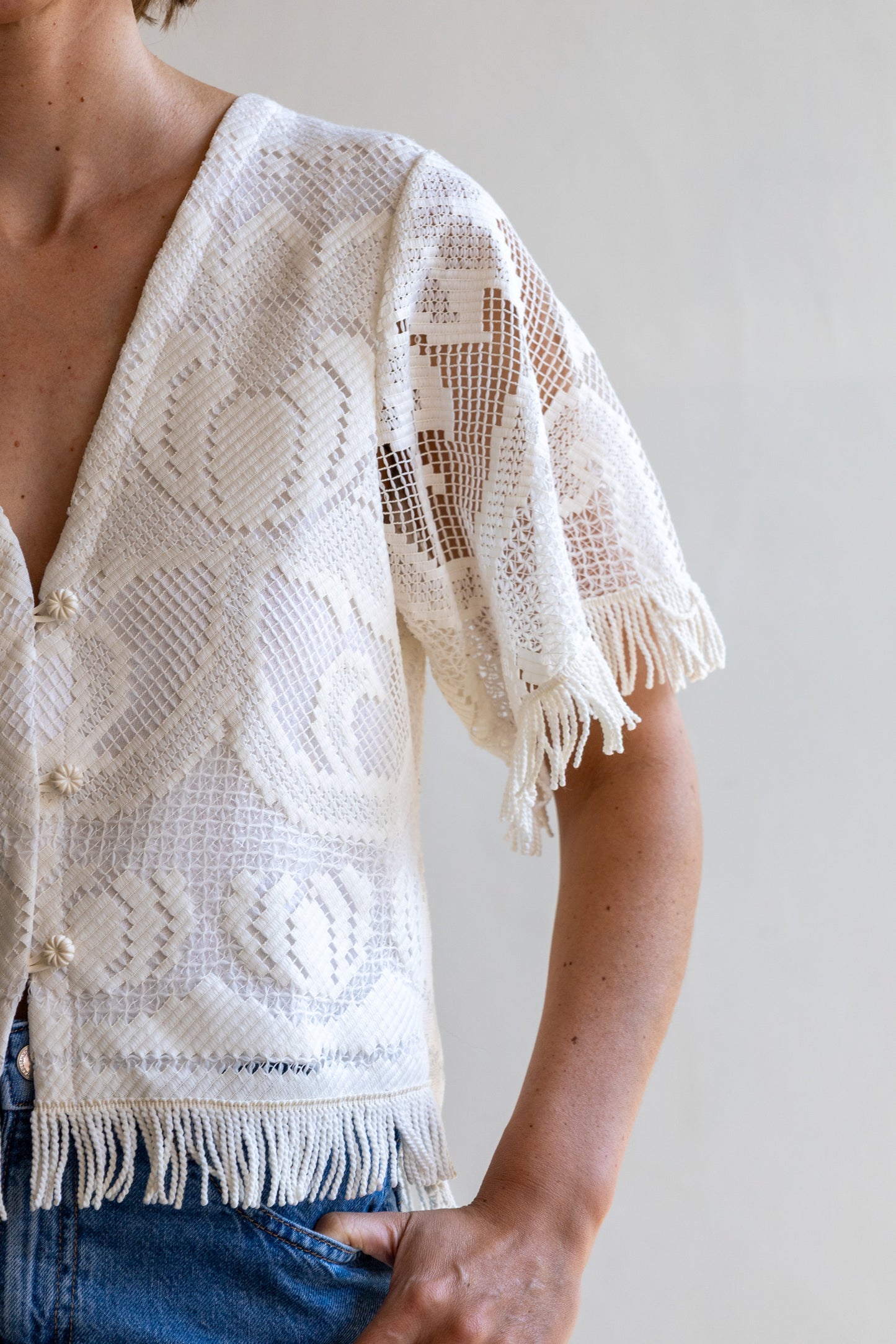 top van vintage tafelkleed - franjes - M/L