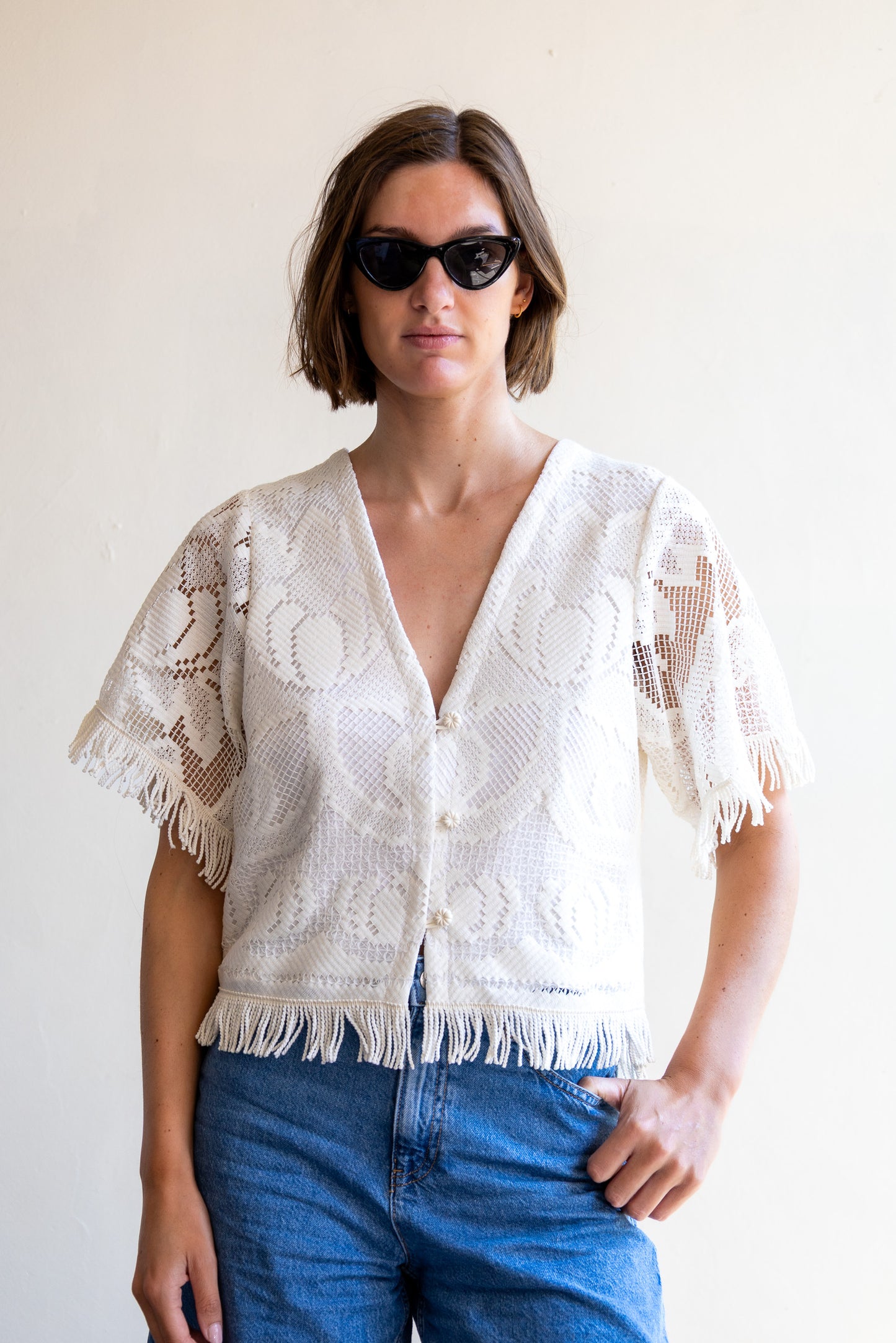 top van vintage tafelkleed - franjes - M/L