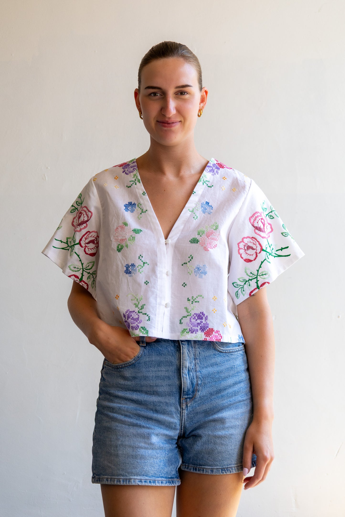 top van vintage tafelkleed - bloemen - M/L