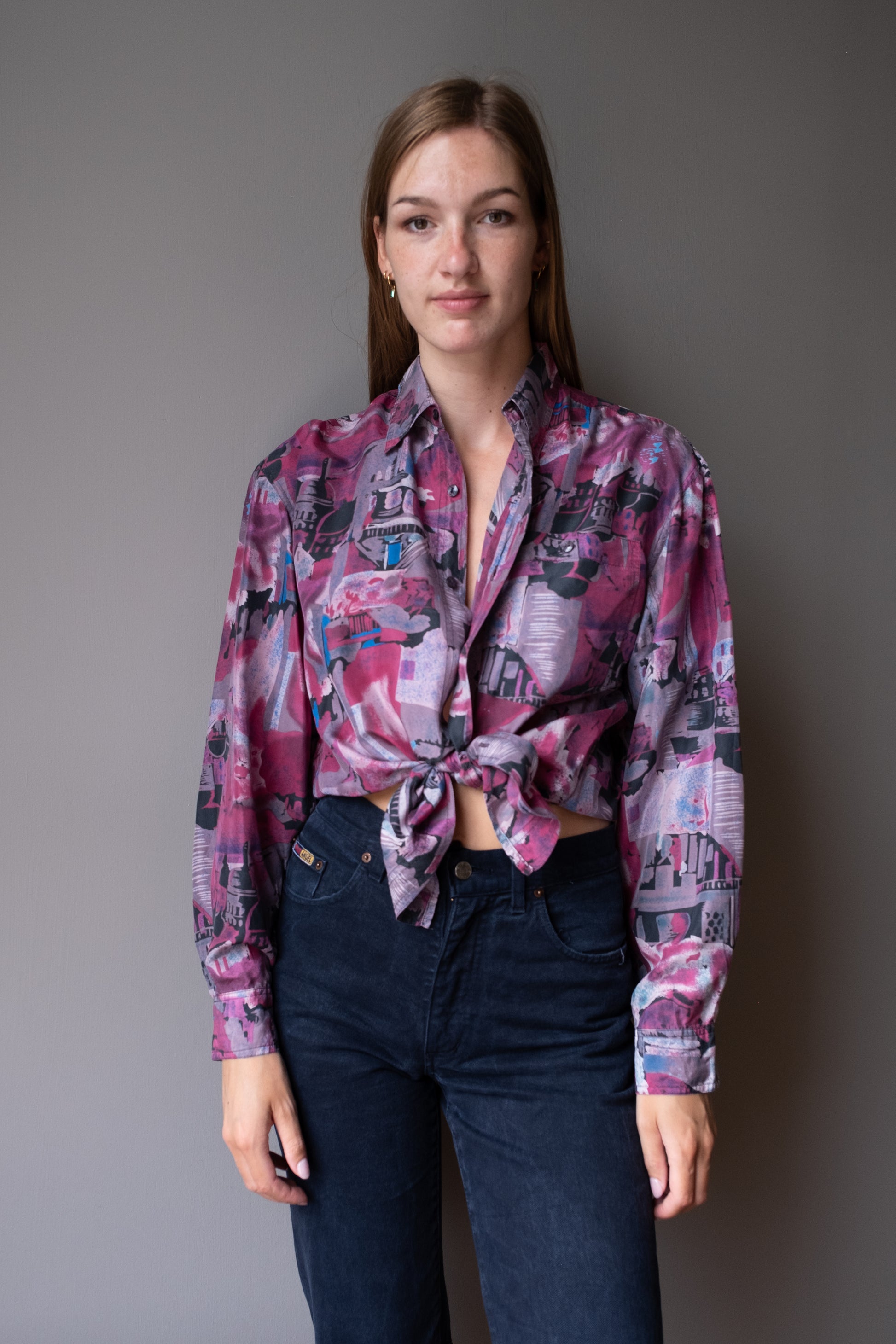 silk-blouse-zijde-crazy-print-roze-vintage