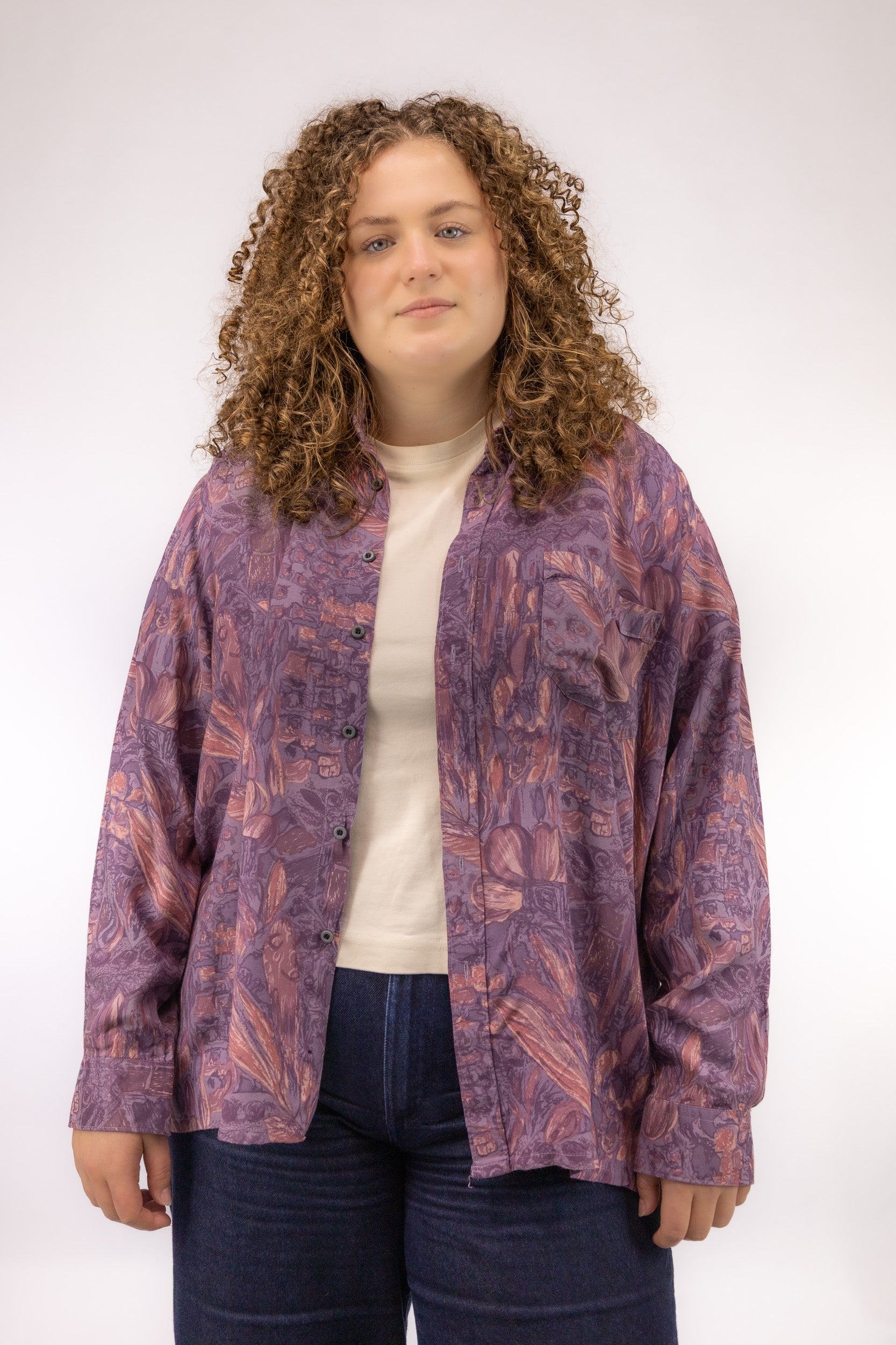 vintage viscose blouse voorkant roze paarse print oversized fit