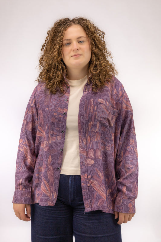 vintage viscose blouse voorkant roze paarse print oversized fit