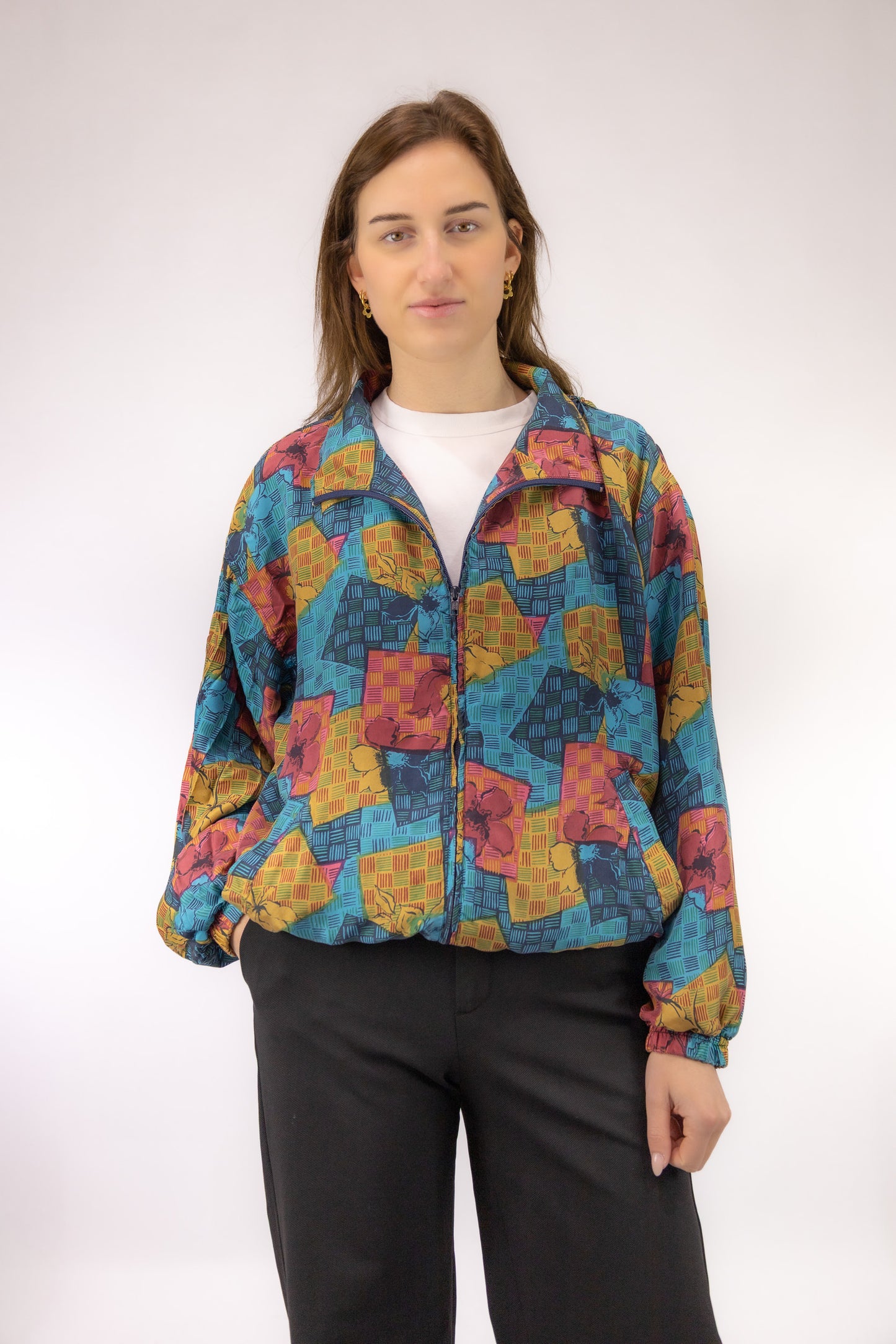 vintage zijden bomberjack voorkant all over dessin rits