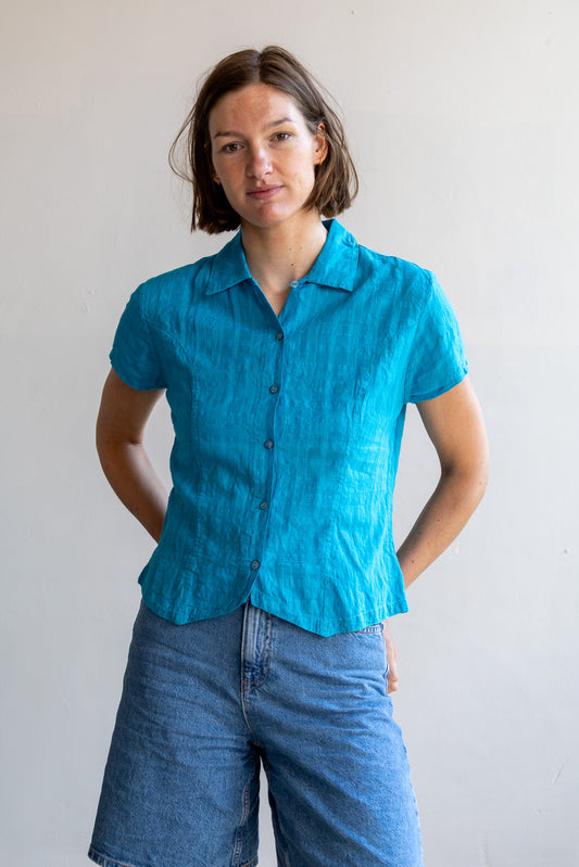 vintage aqua blauwe katoenen blouse met korte mouwen