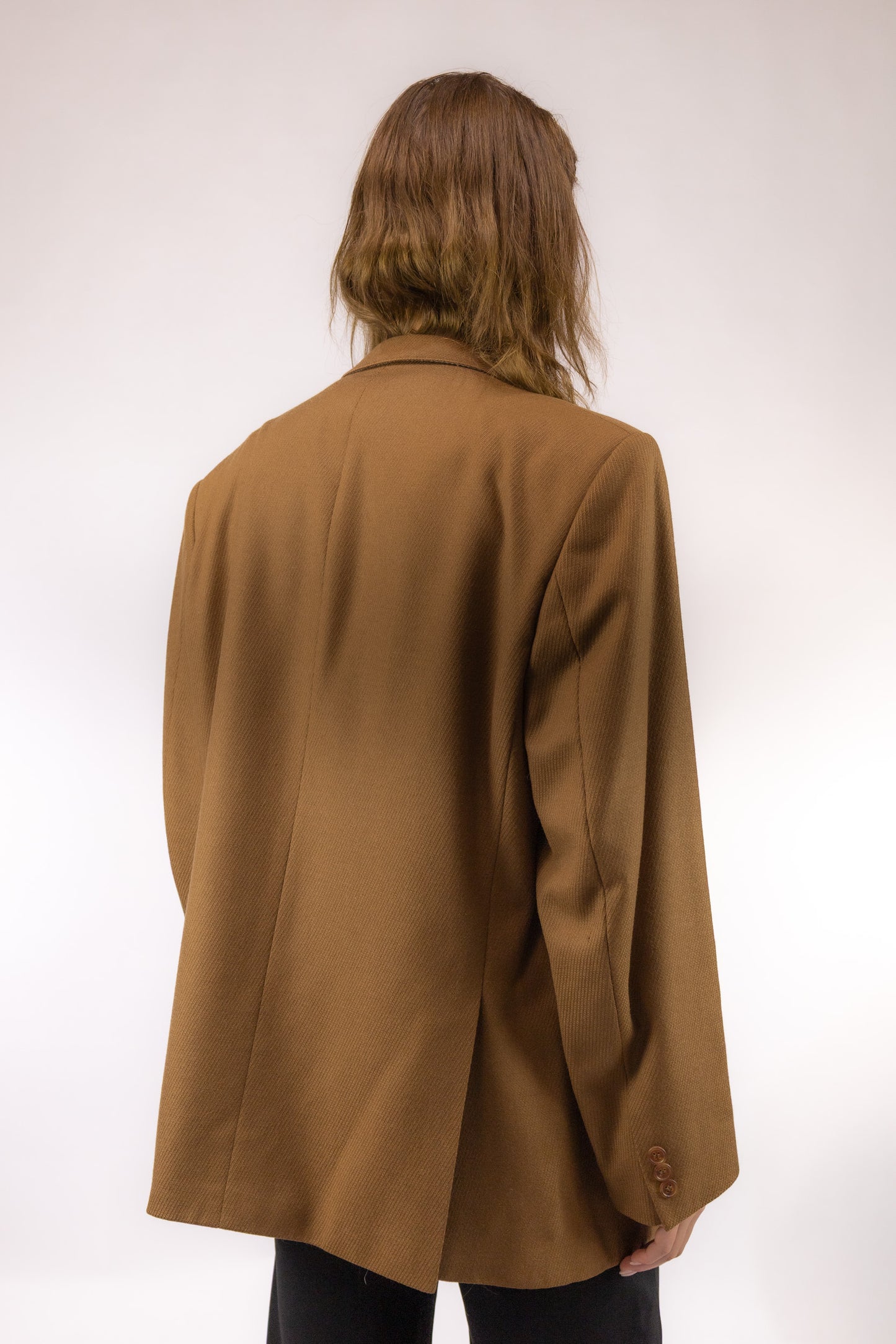 vintage bruine blazer achterkant wollen stof soepele pasvorm