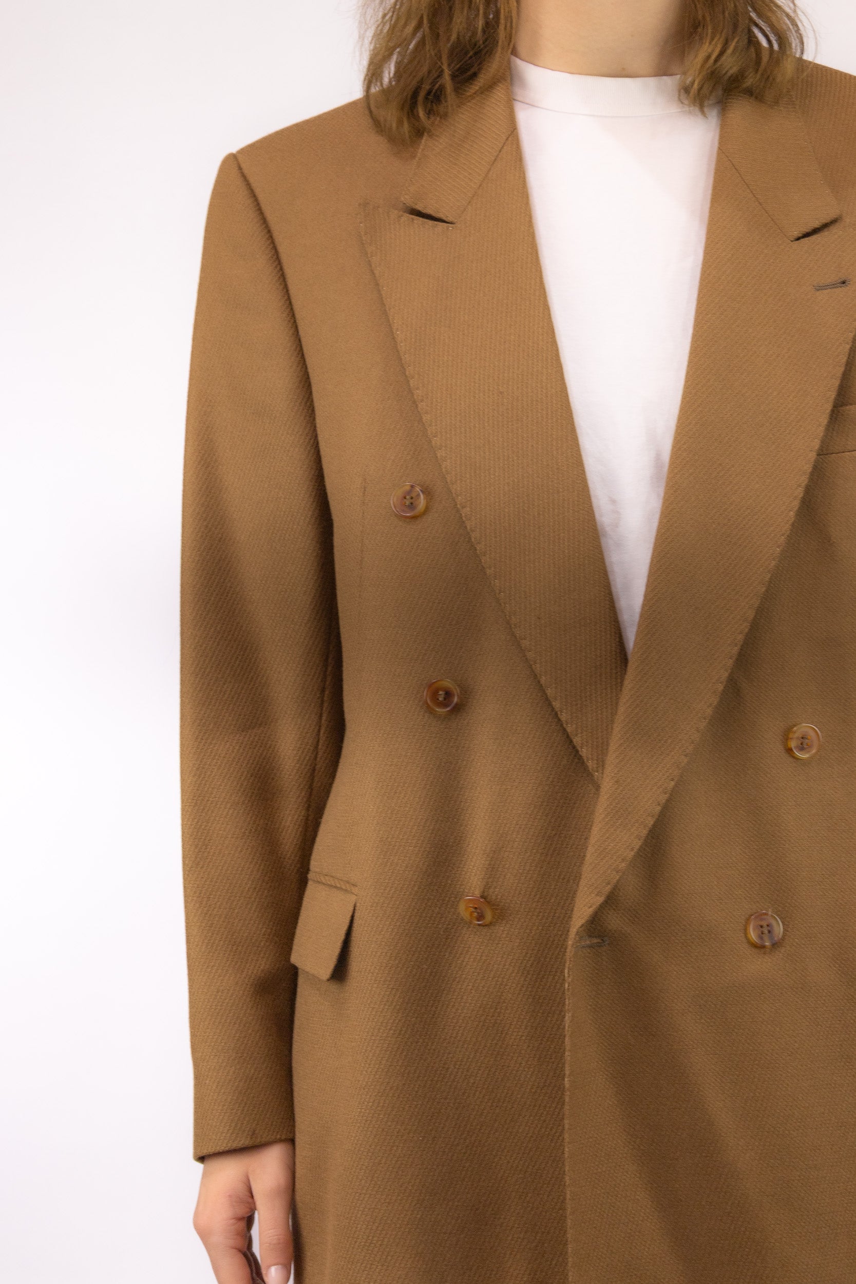 detail vintage blazer bruin diagonaal ingeweven dessin wol knopen