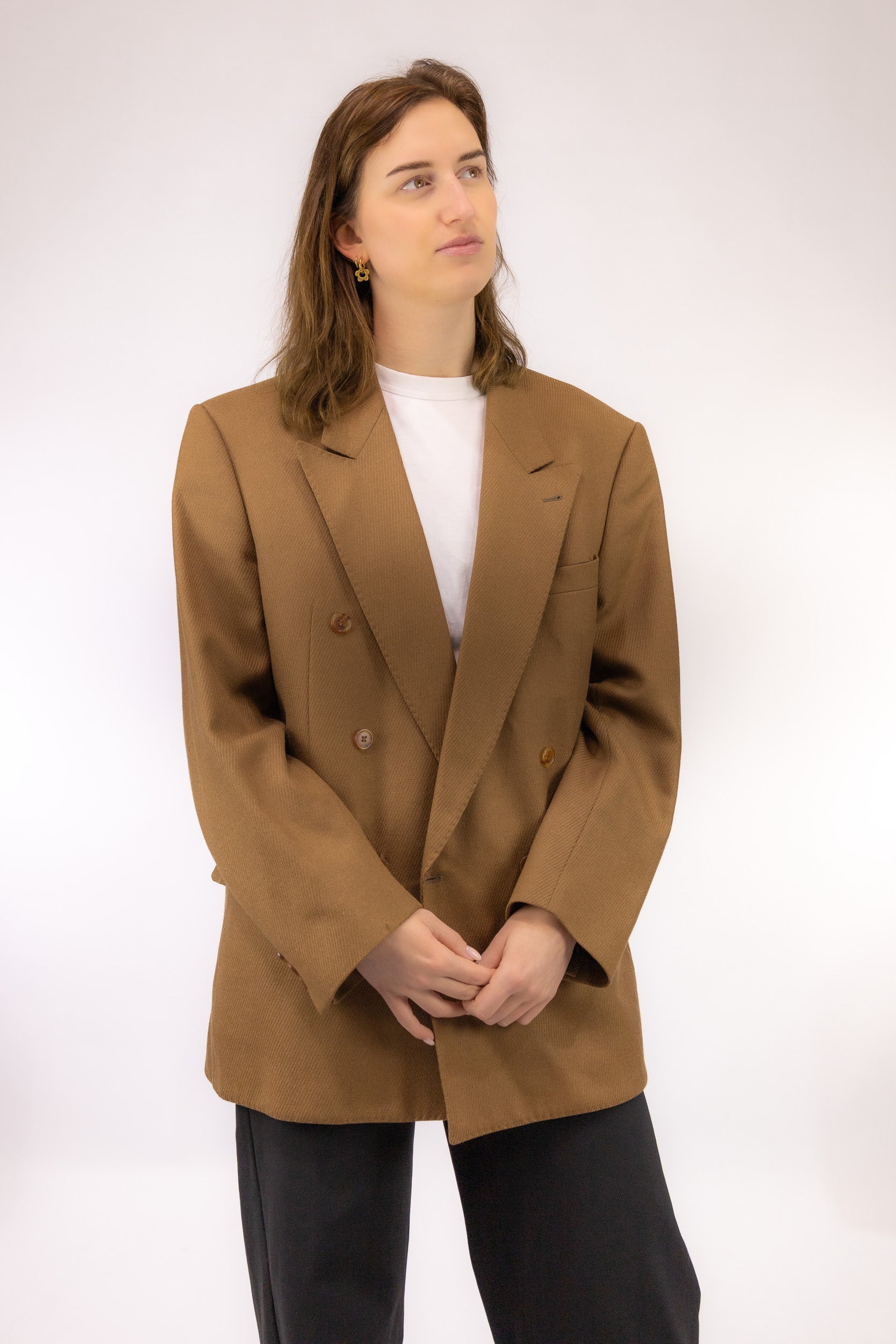 vintage bruine blazer voorkant double breasted wollen stof peak lapel