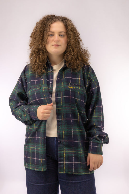 Vintage buffalo check blouse in blauw en groen met oversized pasvorm – vooraanzicht