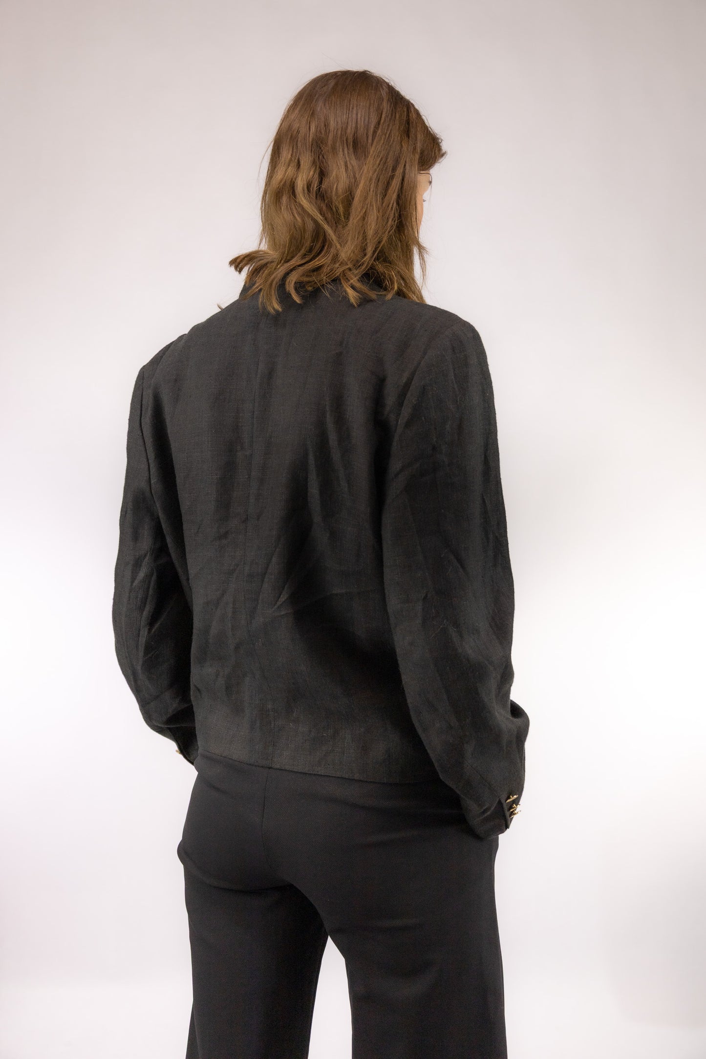 vintage cropped blazer zwart achterkant linnen lange mouw