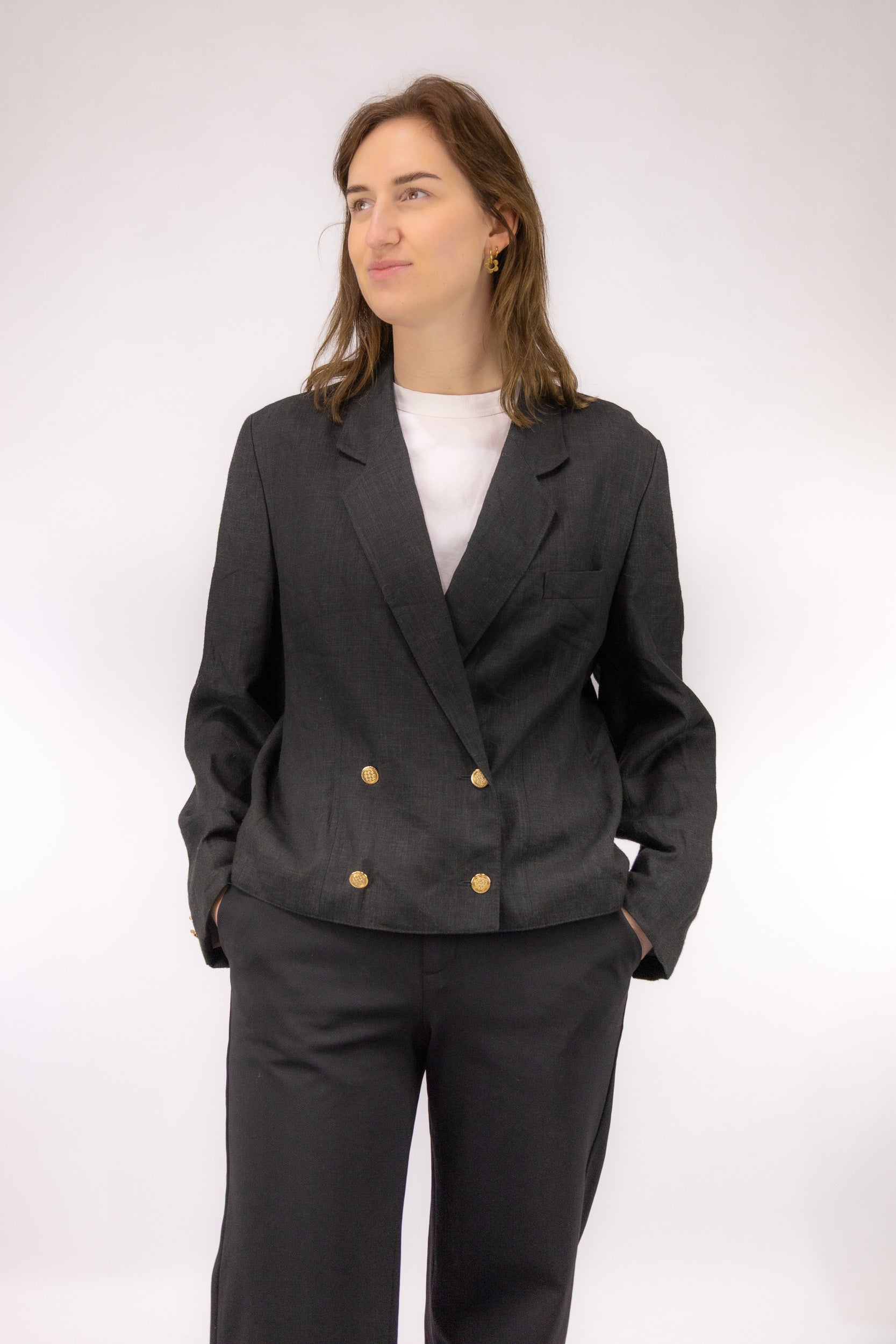 vintage zwarte blazer cropped double breasted linnen voorkant