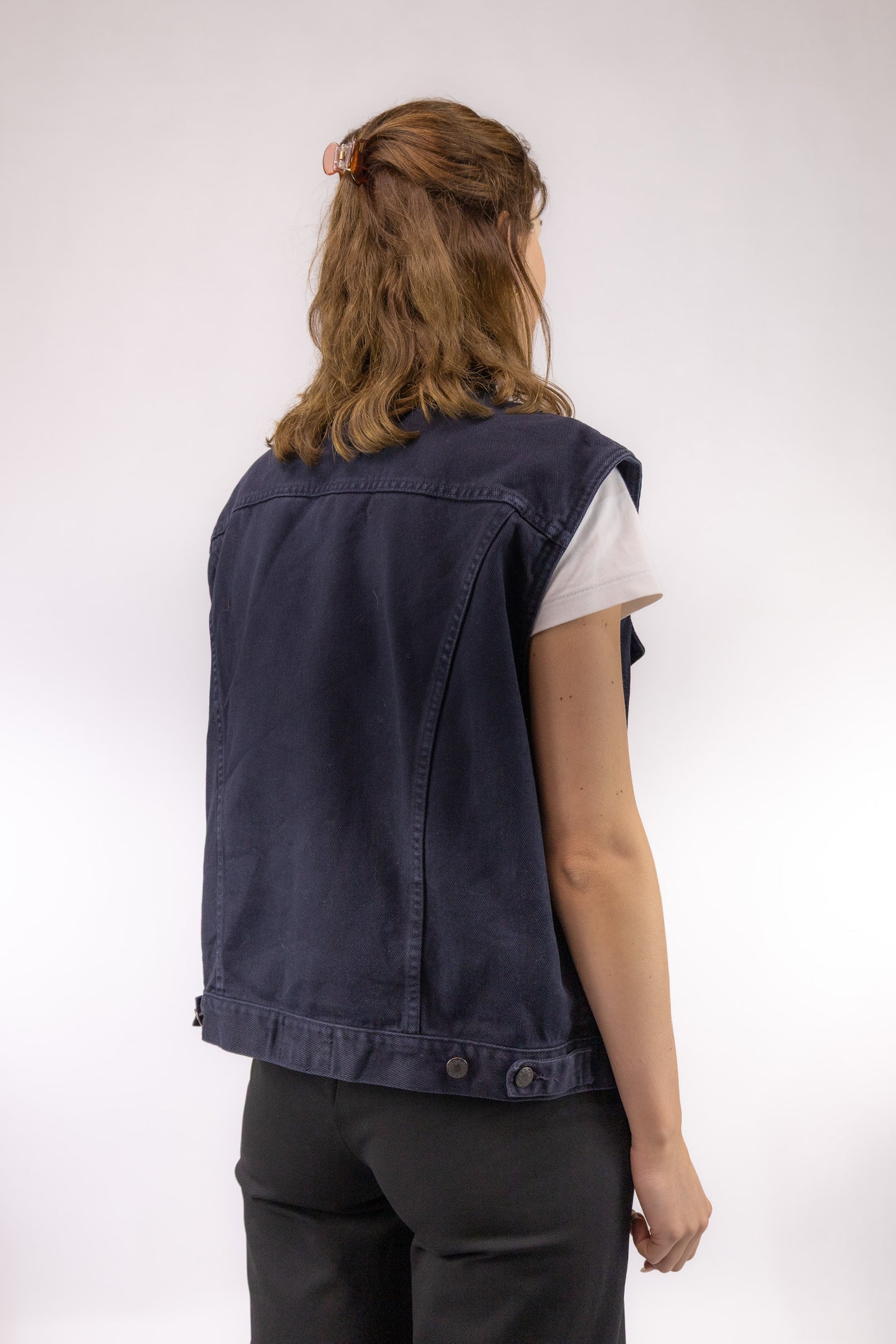 vintage zwart denim gilet achterkant The Blue Age Carrera mouwloos katoen