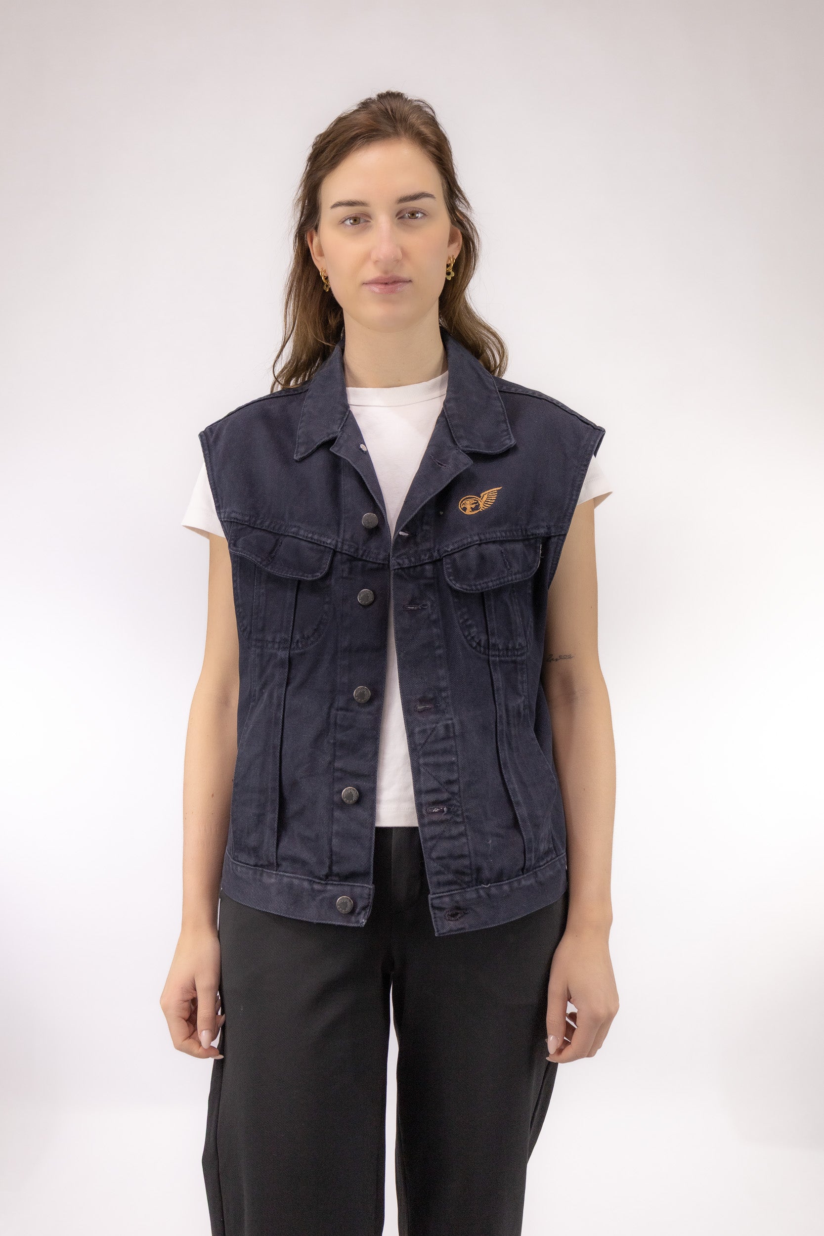 vintage zwart denim gilet voorkant The Blue Age Carrera mouwloos