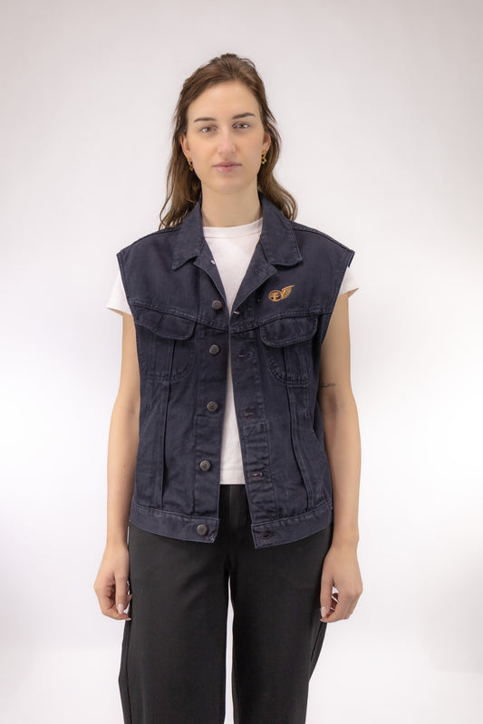 vintage zwart denim gilet voorkant The Blue Age Carrera mouwloos