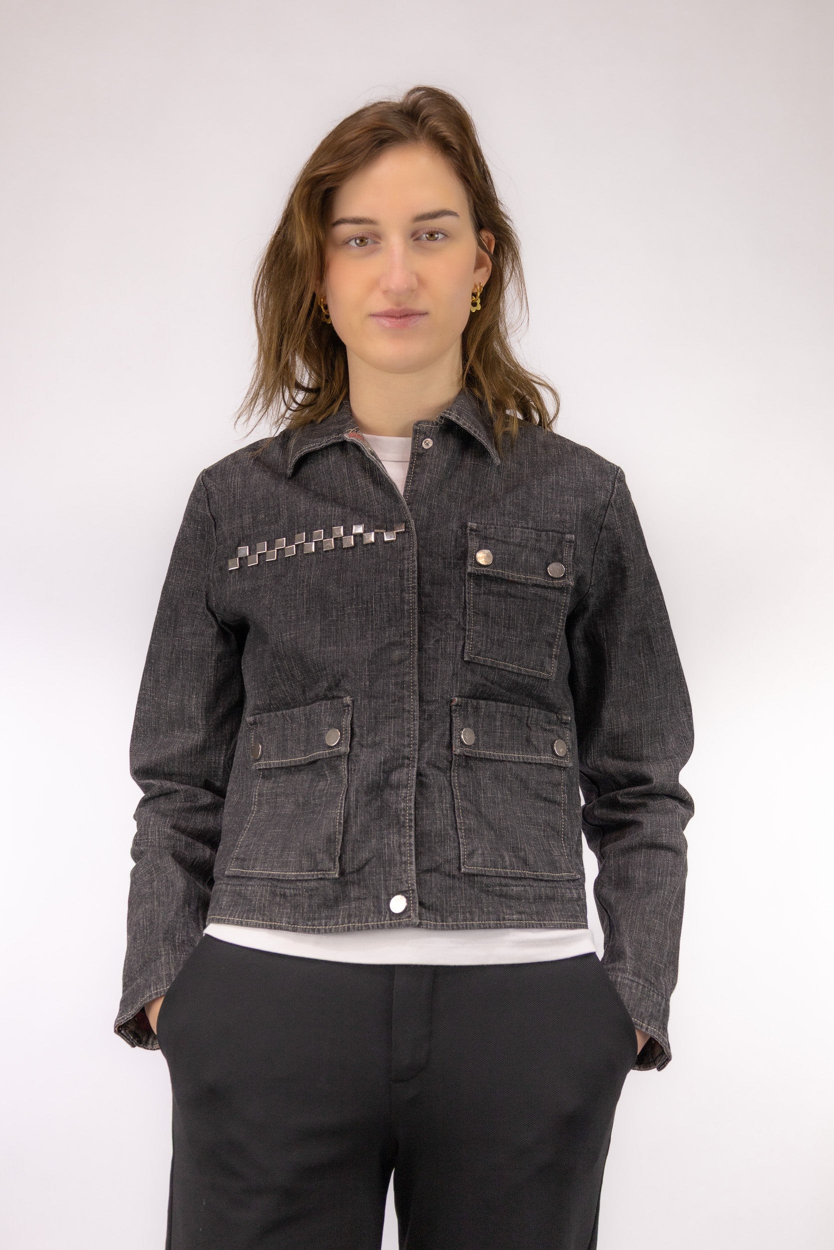kort vintage denim jacket voorkant Casagrande kaart details drukknoop