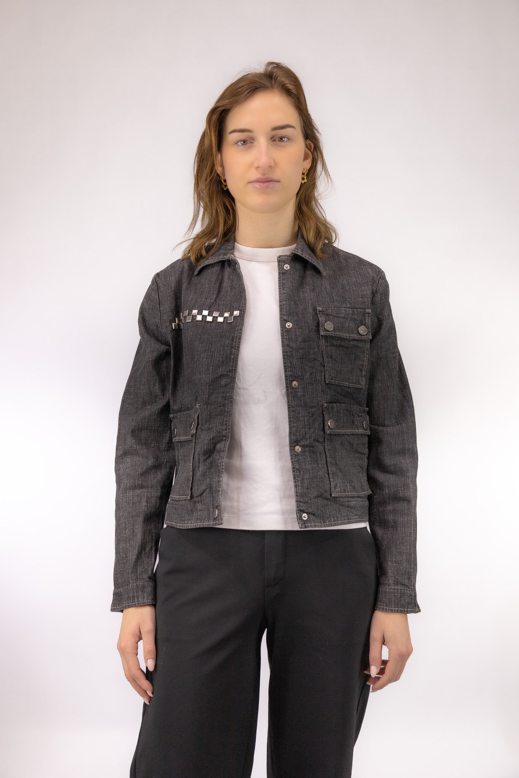 kort vintage denim jacket voorkant Casagrande kaart details drukknoop