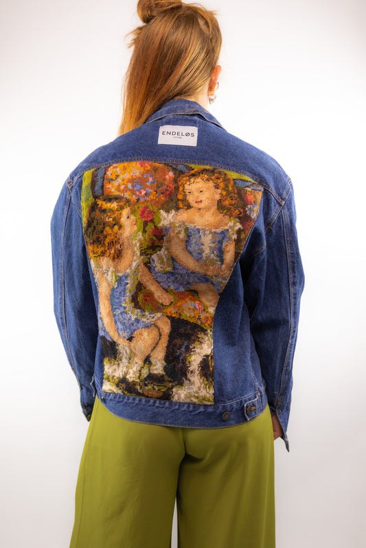 unieke handgemaakte denim jas met borduurwerk, vintage look