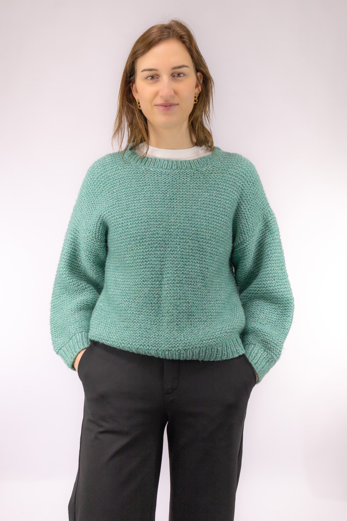 Vintage mintgroene gebreide trui met oversized fit – vooraanzicht