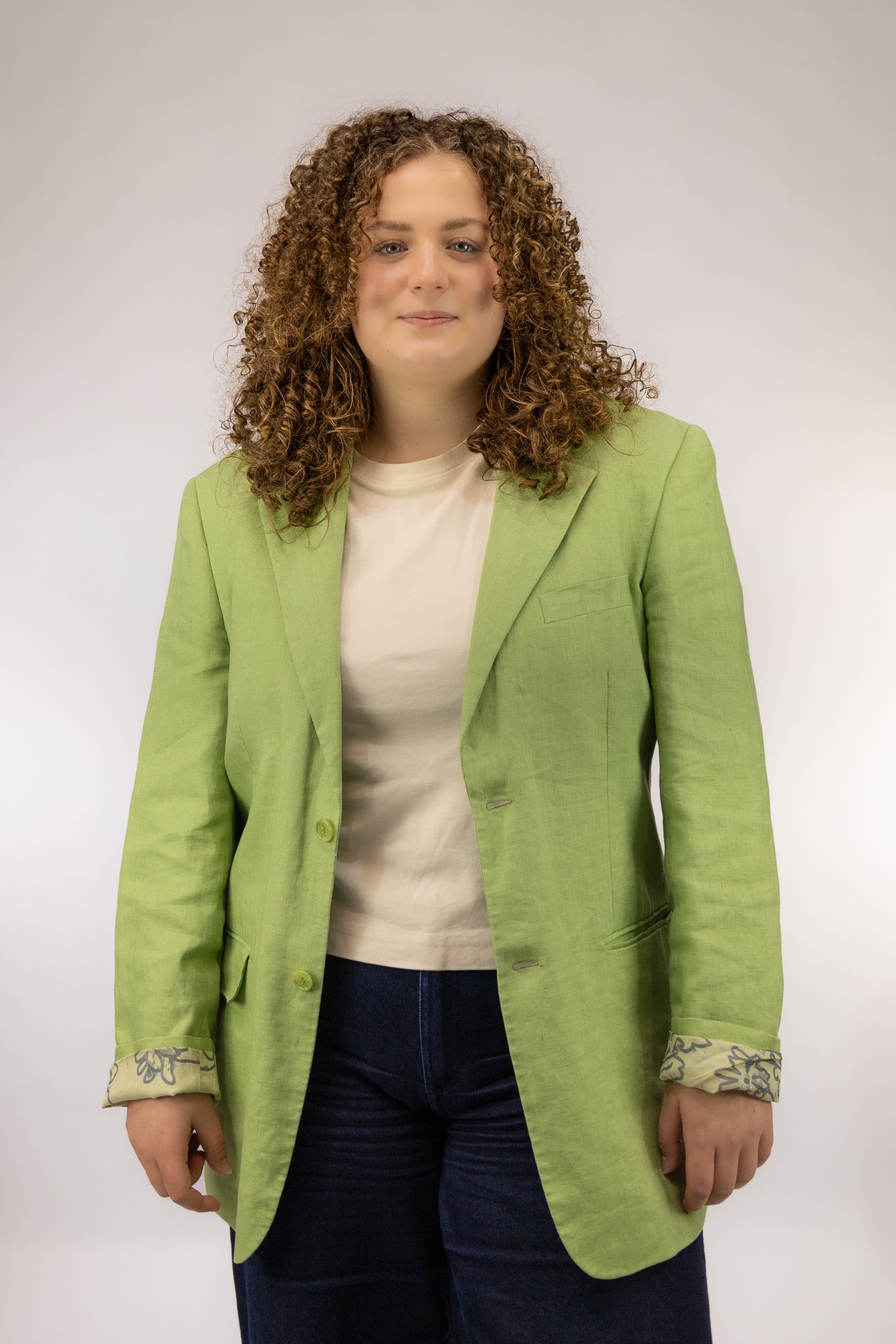 oversized vintage appelgroene blazer voorkant single breasted linnen katoen