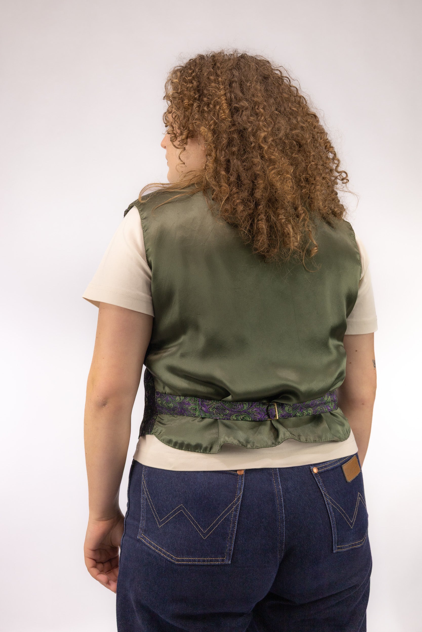 vintage gilet achterkant jacquard stof riempje verstelbare taille