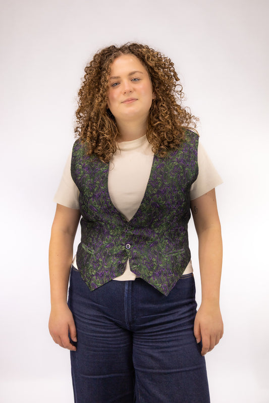 vintage gilet voorkant jacquard paars groen knoopsluiting