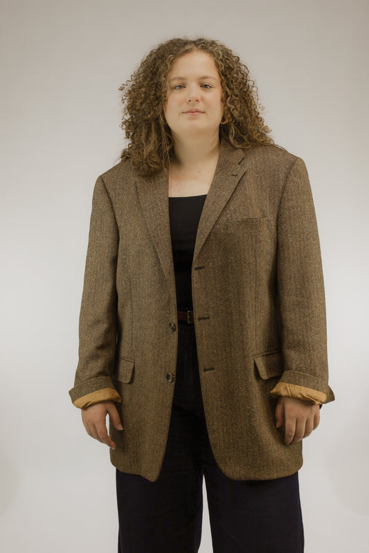 Bruine vintage oversized blazer met visgraatmotief, vooraanzicht