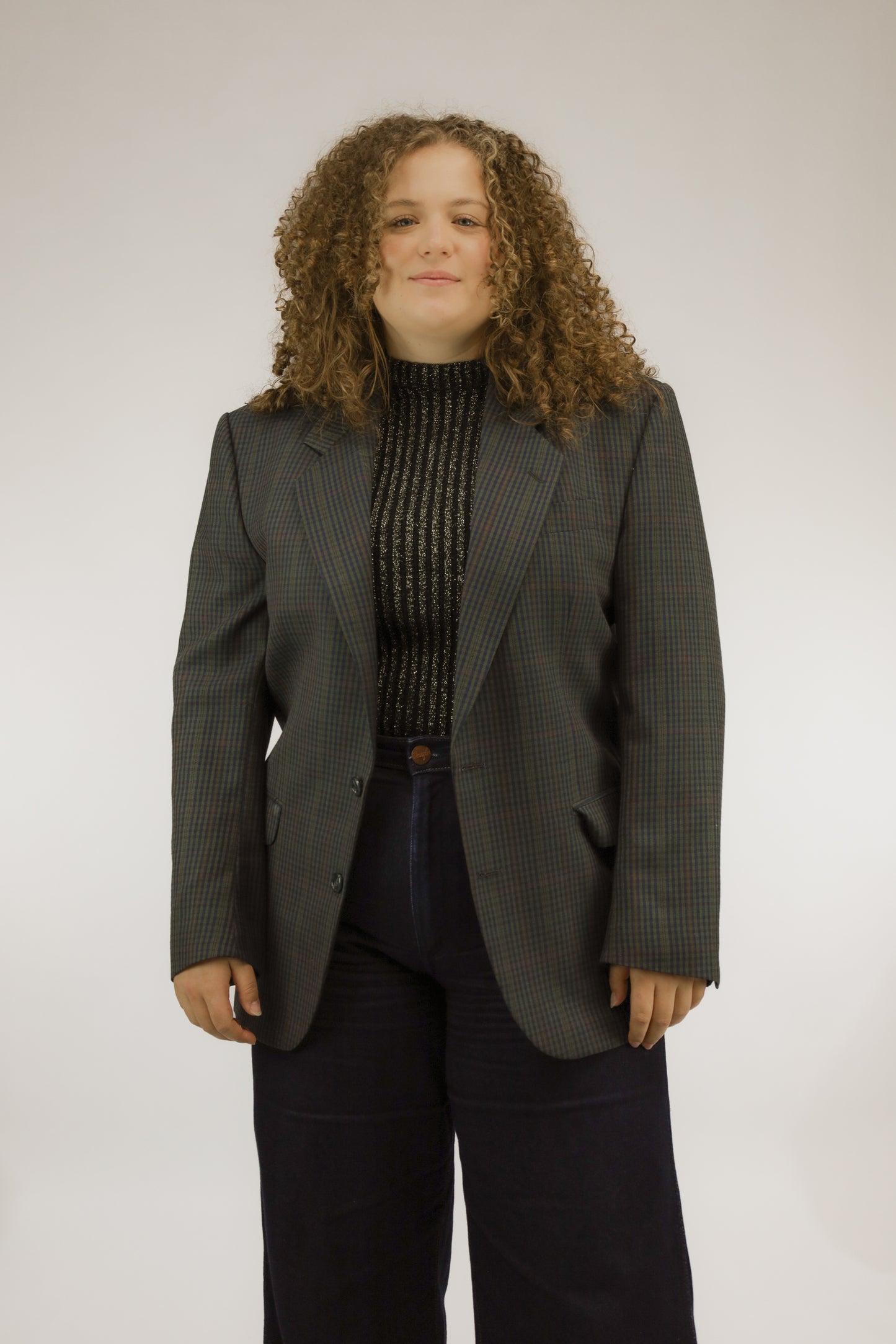 Vintage blazer met donkerblauwe, groene en grijze check print, vooraanzicht