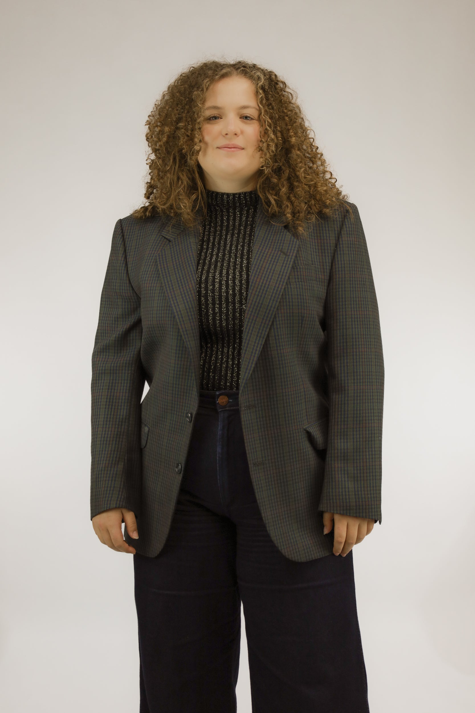 Vintage blazer met donkerblauwe, groene en grijze check print, vooraanzicht