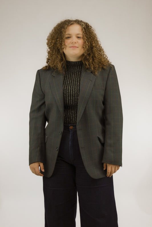 Vintage blazer met donkerblauwe, groene en grijze check print, vooraanzicht