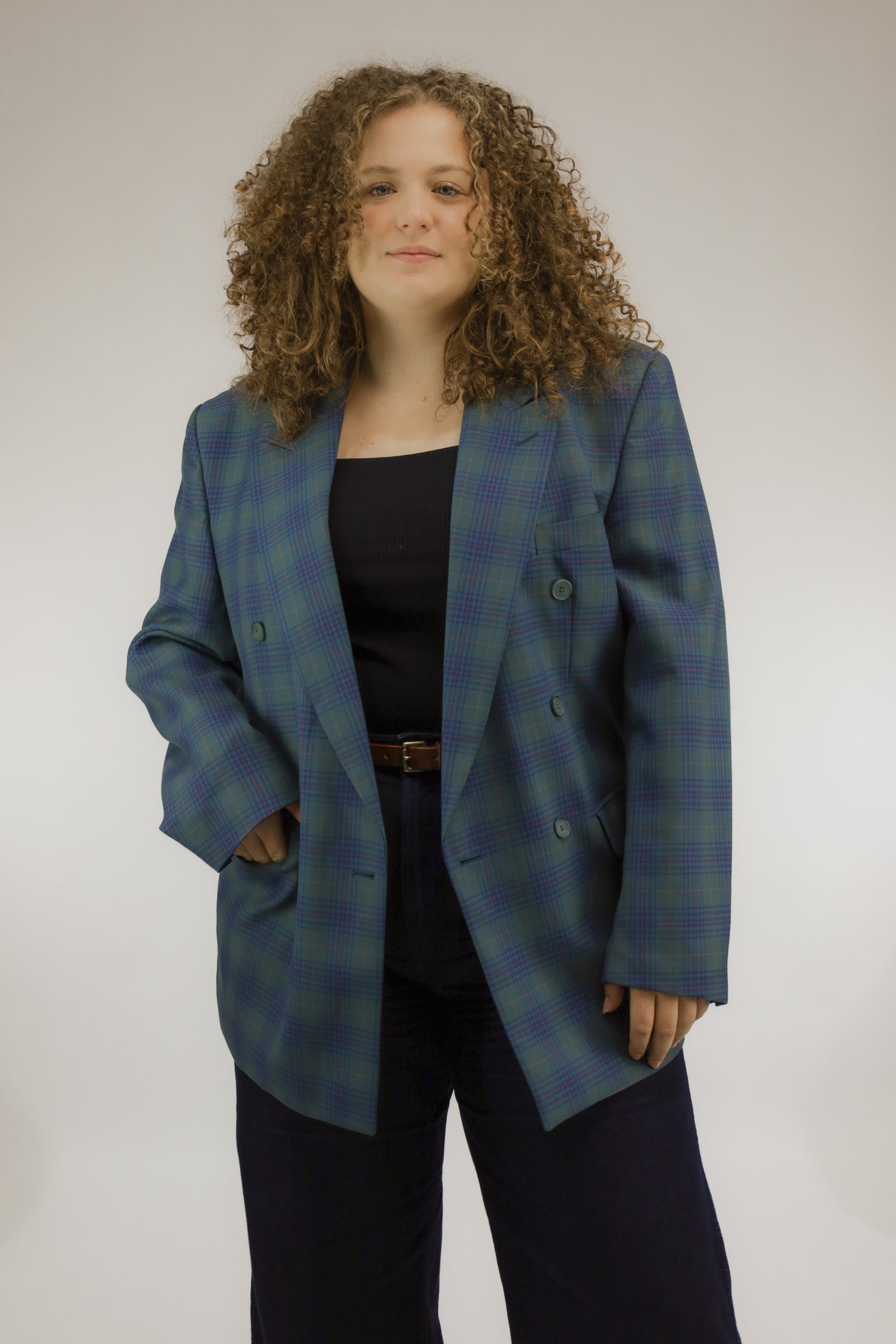 Double-breasted vintage blazer met groene en blauwe check print, vooraanzicht
