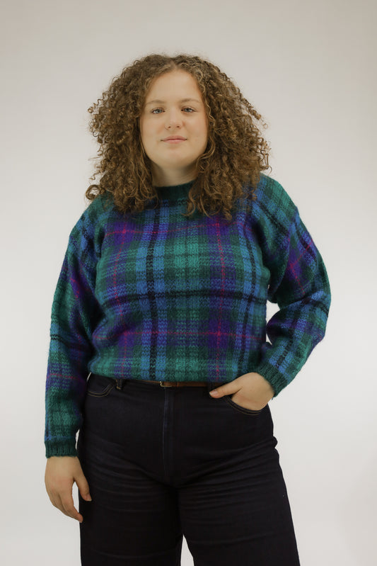 Fijngebreide vintage trui met check print in groen, paars en blauw, vooraanzicht