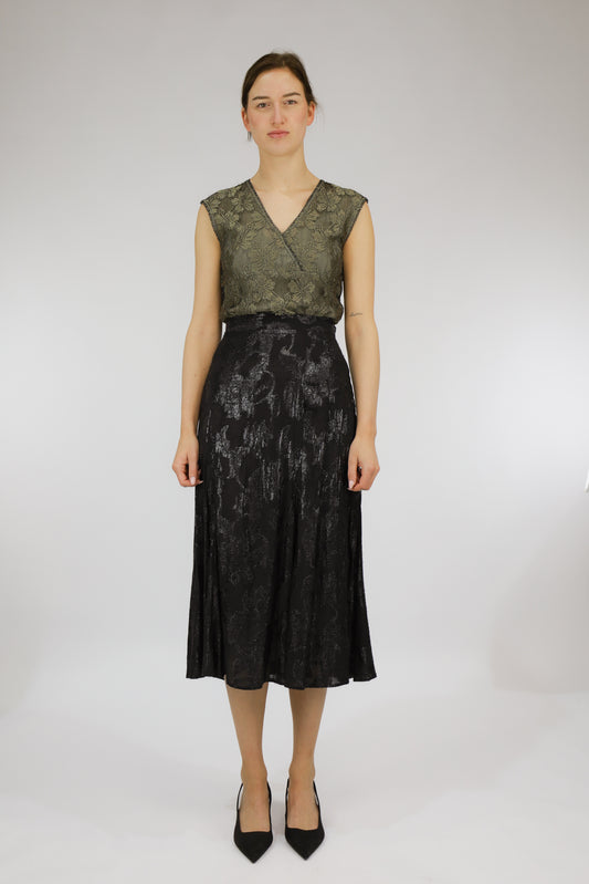 Zwarte vintage jacquard rok met bloemen dessin op kuitlengte, A-lijn model