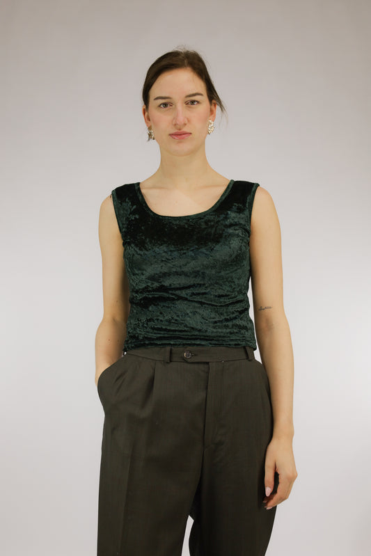 Groene vintage velvet mouwloze top, vooraanzicht