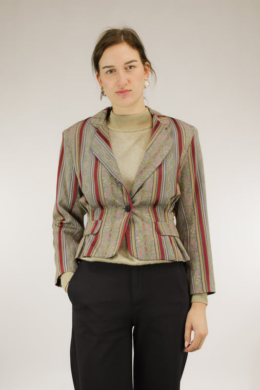 Vintage jacquard blazer in peplummodel met wijde kraag, vooraanzicht