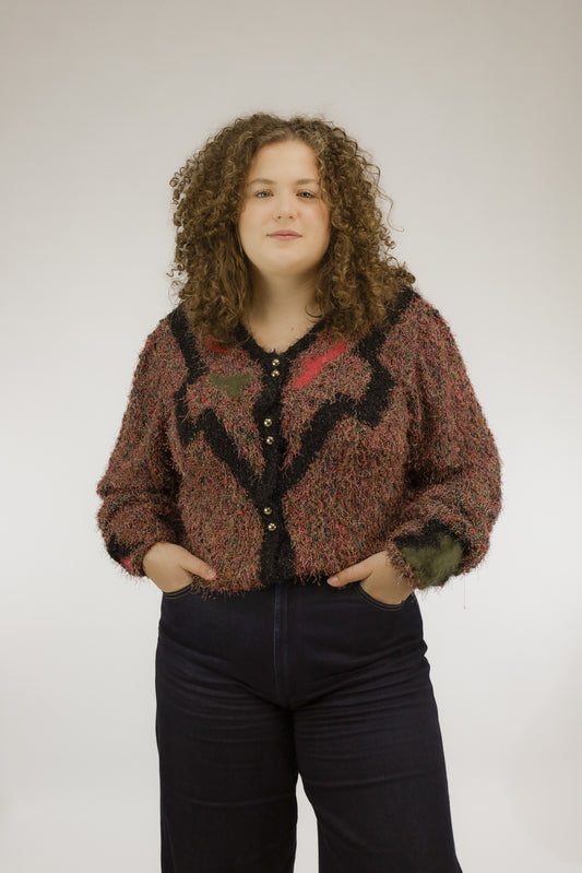 Gebreid vintage vest van mohairmix met harige structuur en warme kleuren, vooraanzicht