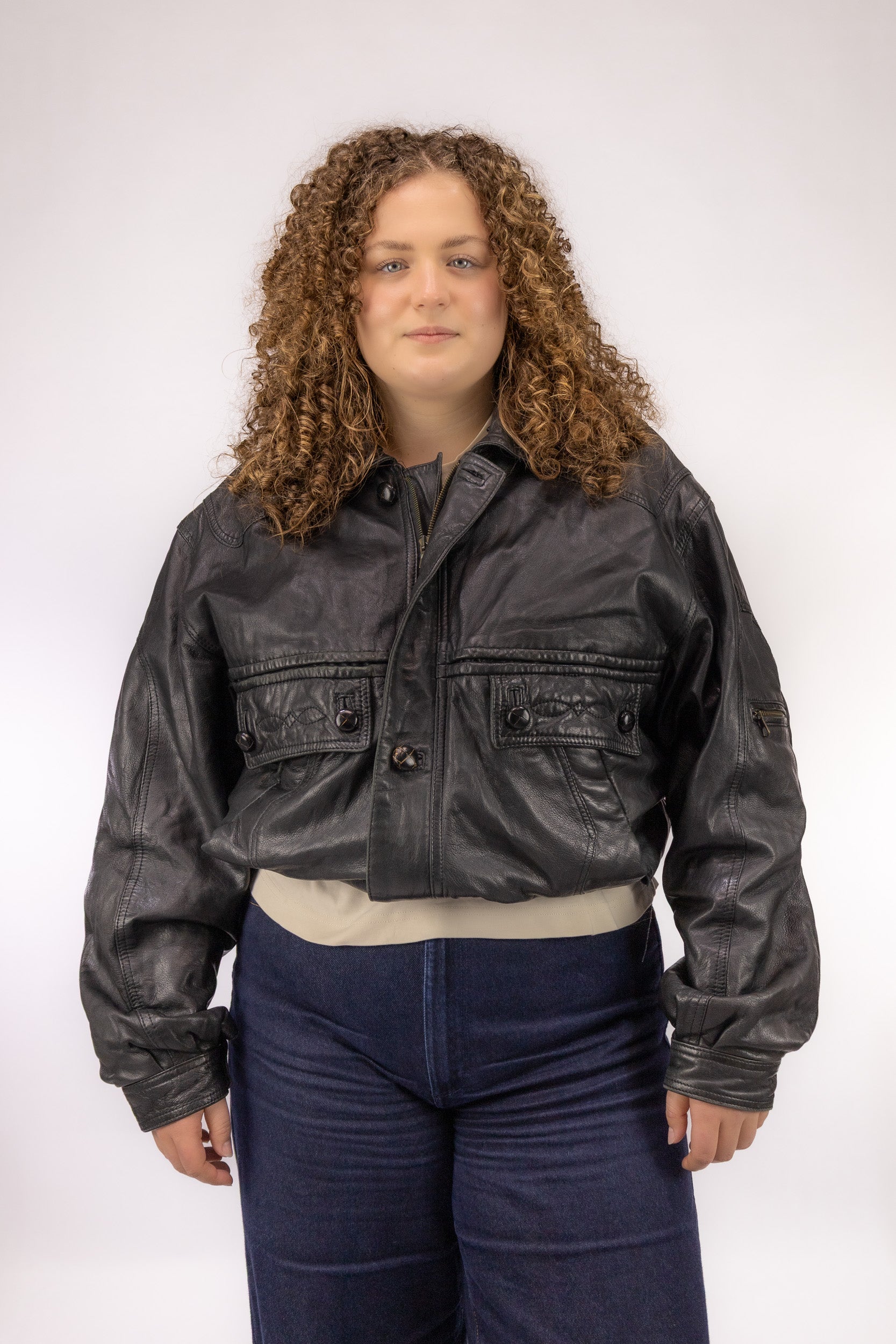 oversized vintage leren bomber zwart voorkant gevoerd