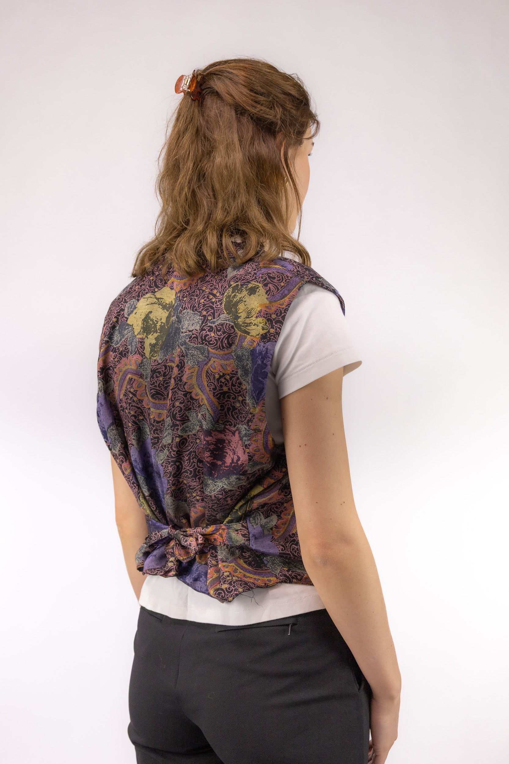 vintage gilet achterkant strik taille verstelbaar print stof