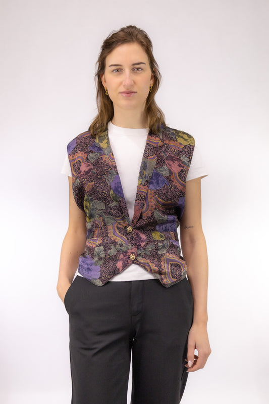 vintage gilet voorkant all over print gouden knoopjes gevoerd